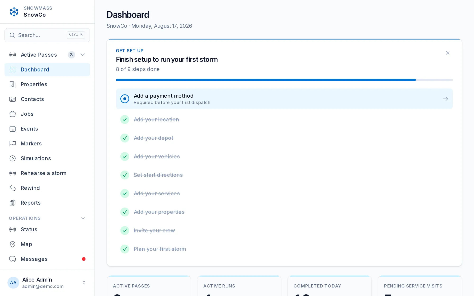 Snowmass dashboard showing active passes and live run counts