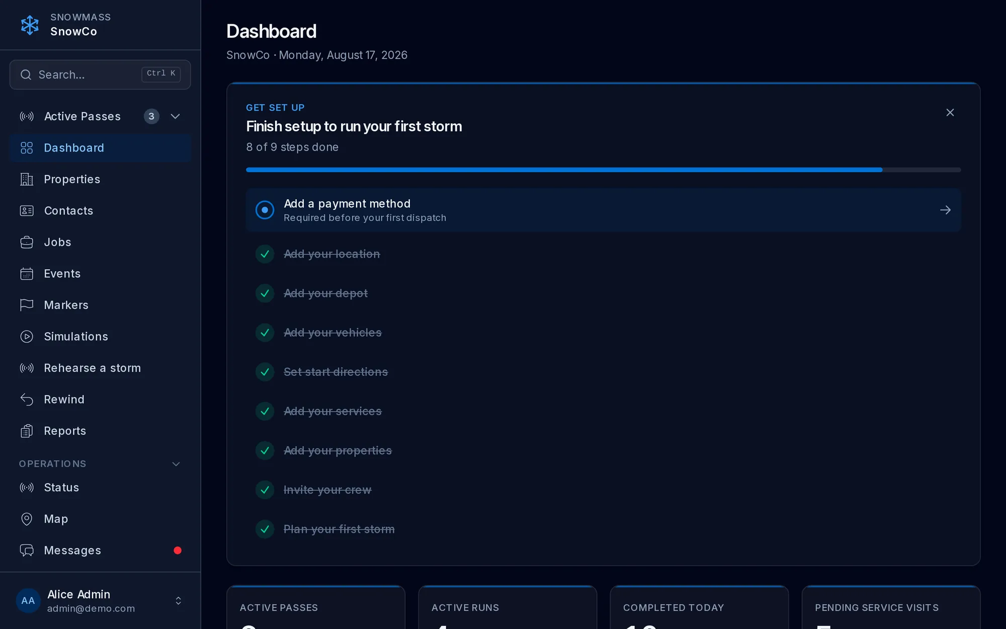 Snowmass dashboard showing active passes and live run counts