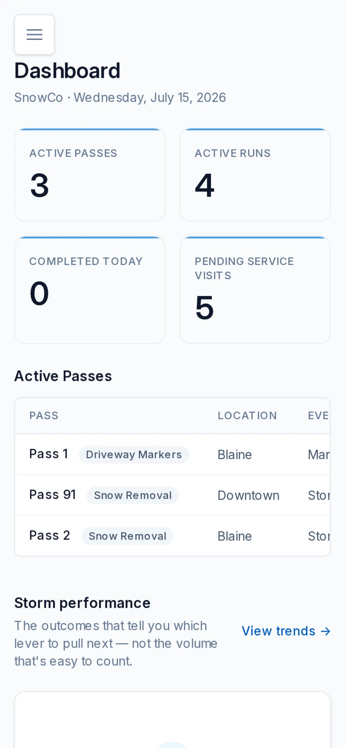Snowmass dashboard showing active passes and live run counts