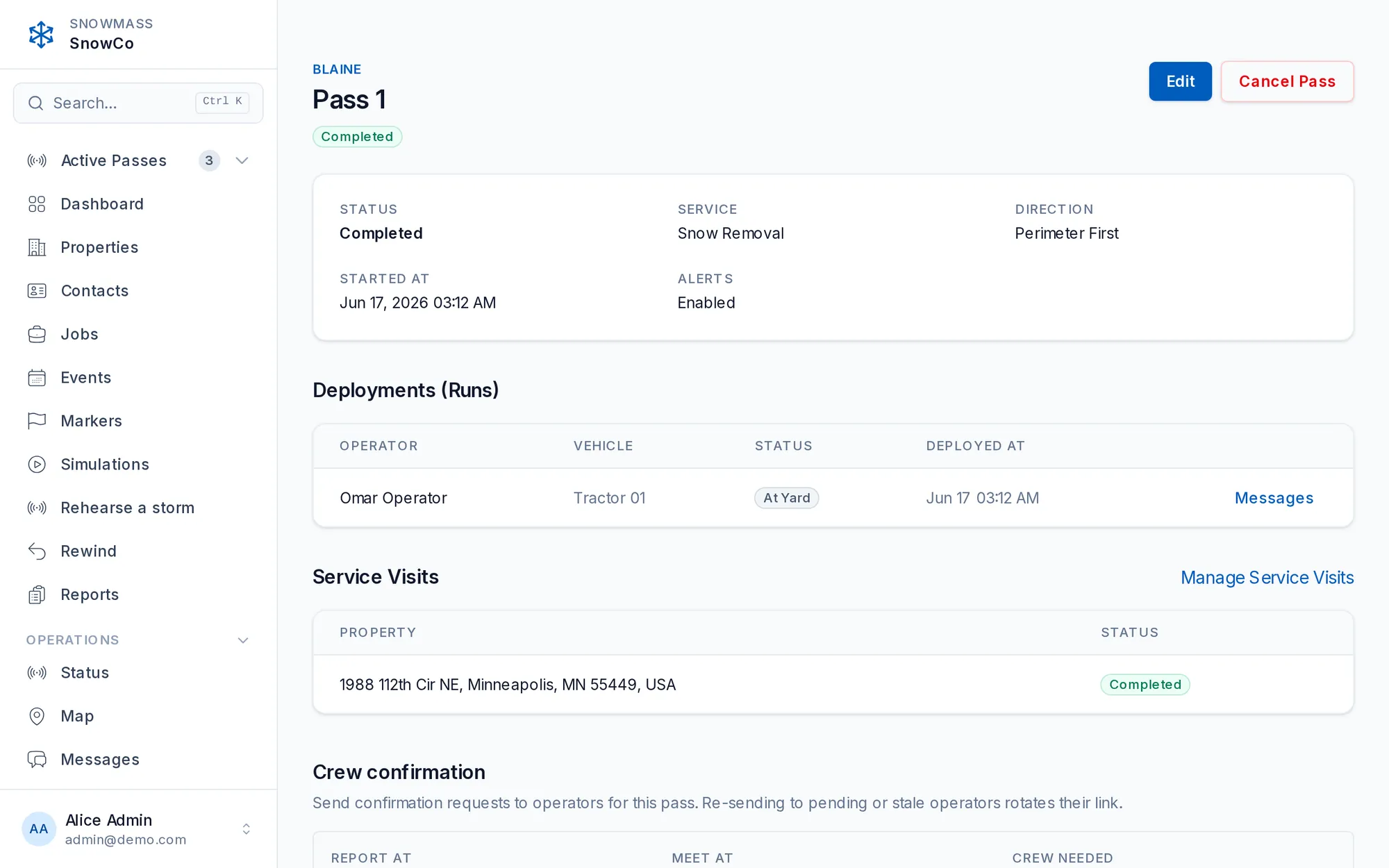 Pass detail with deployments, service visits, and crew confirmation