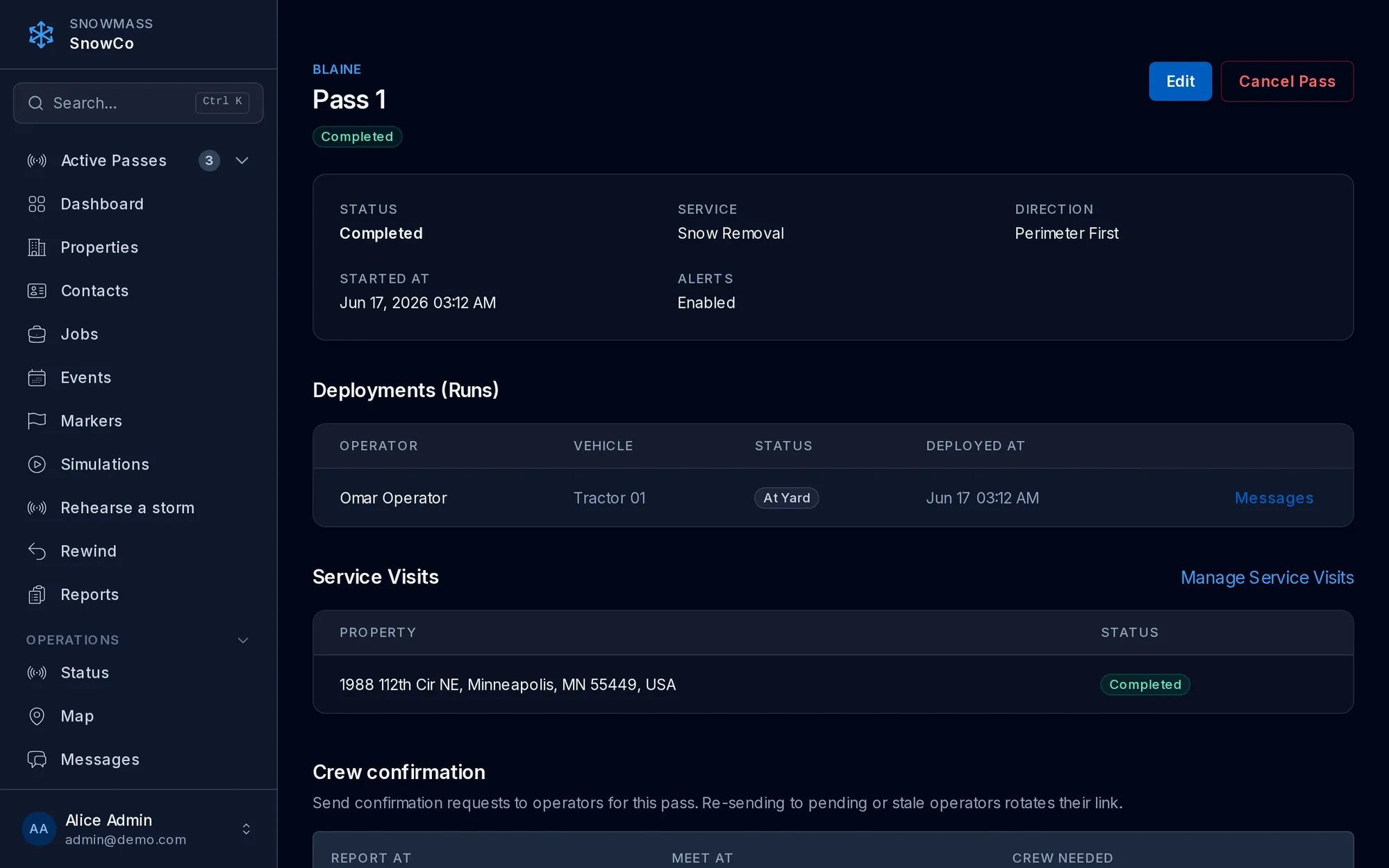 Pass detail with deployments, service visits, and crew confirmation