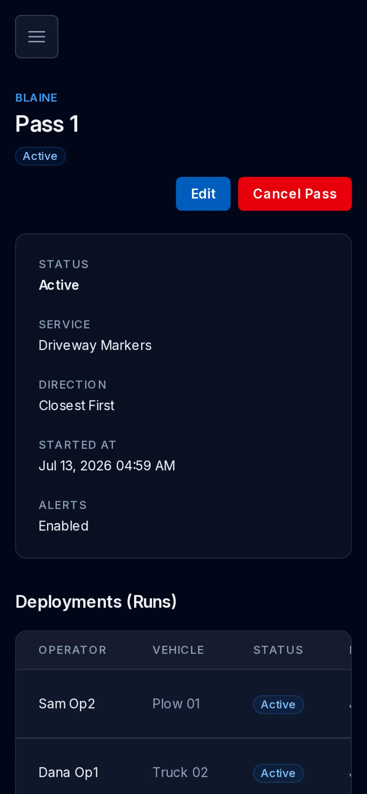 Pass detail with deployments, service visits, and crew confirmation
