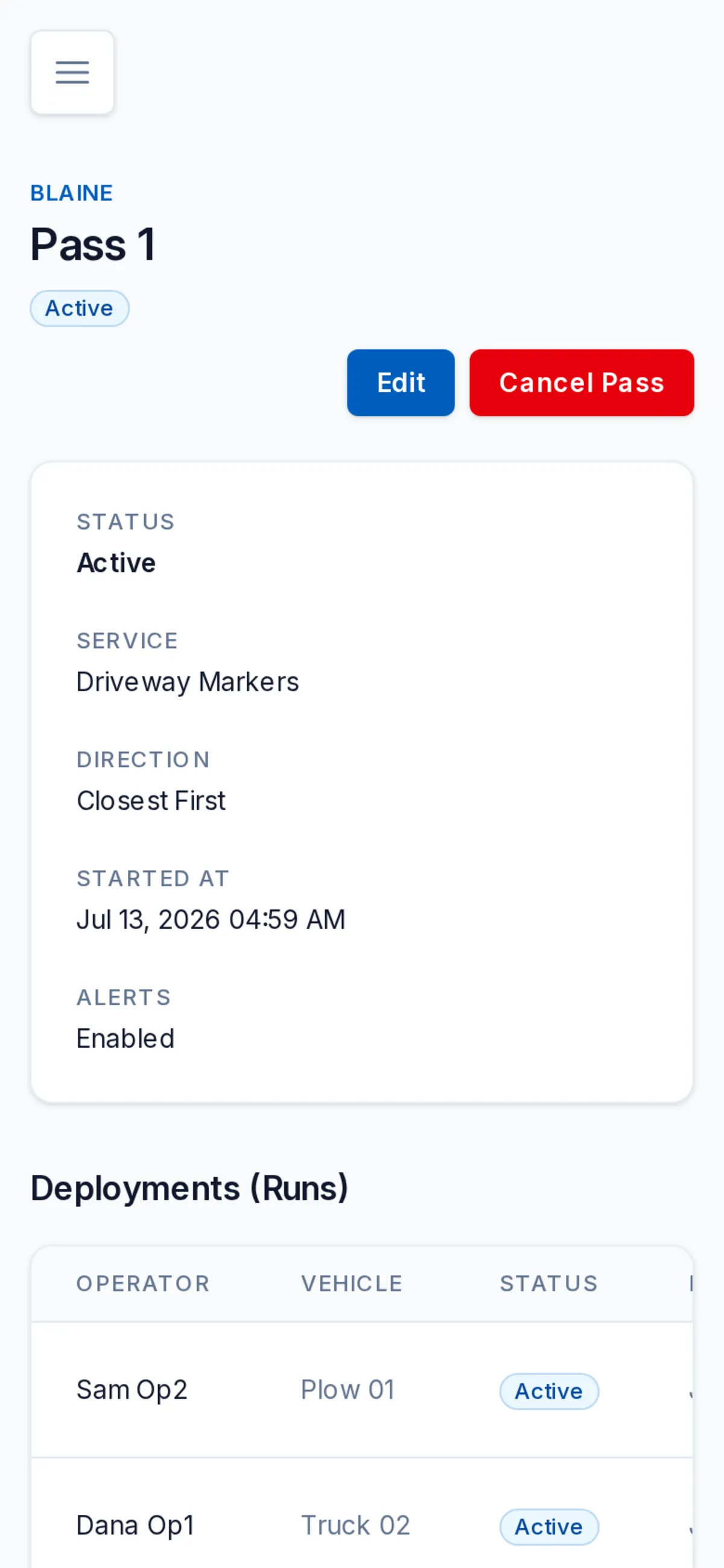 Pass detail with deployments, service visits, and crew confirmation
