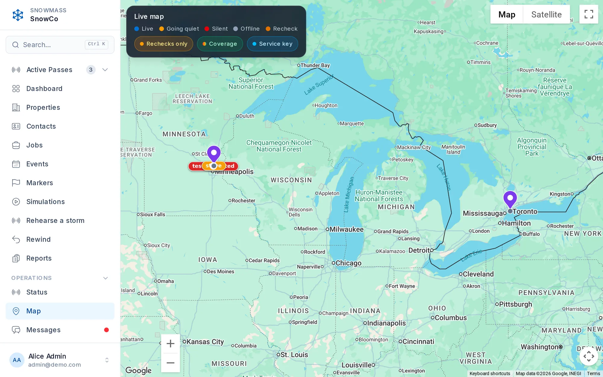 Live operations map with real-time vehicle status legend