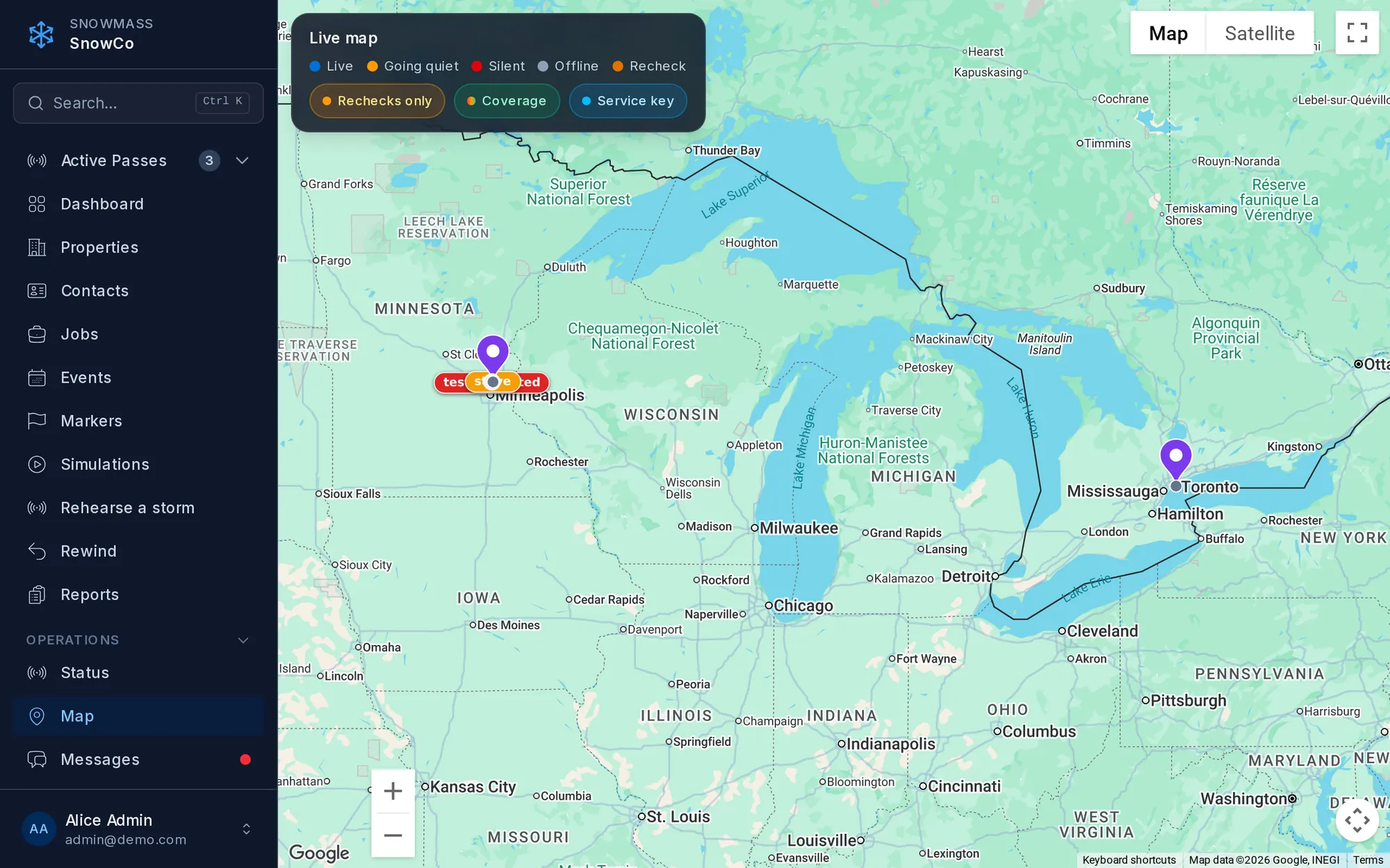 Live operations map with real-time vehicle status legend