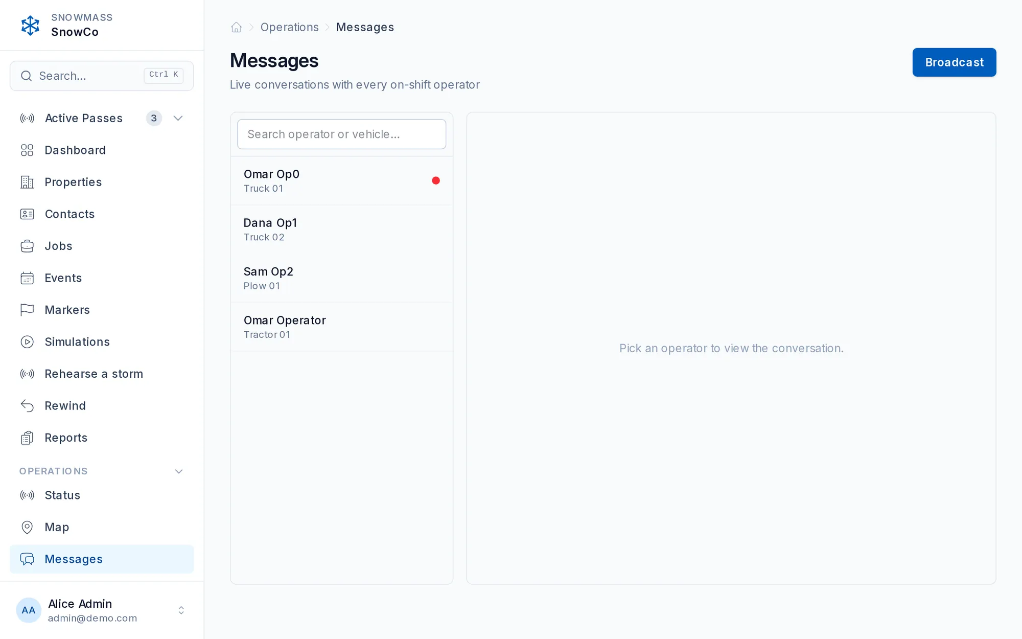 Operator messaging with live per-operator conversations