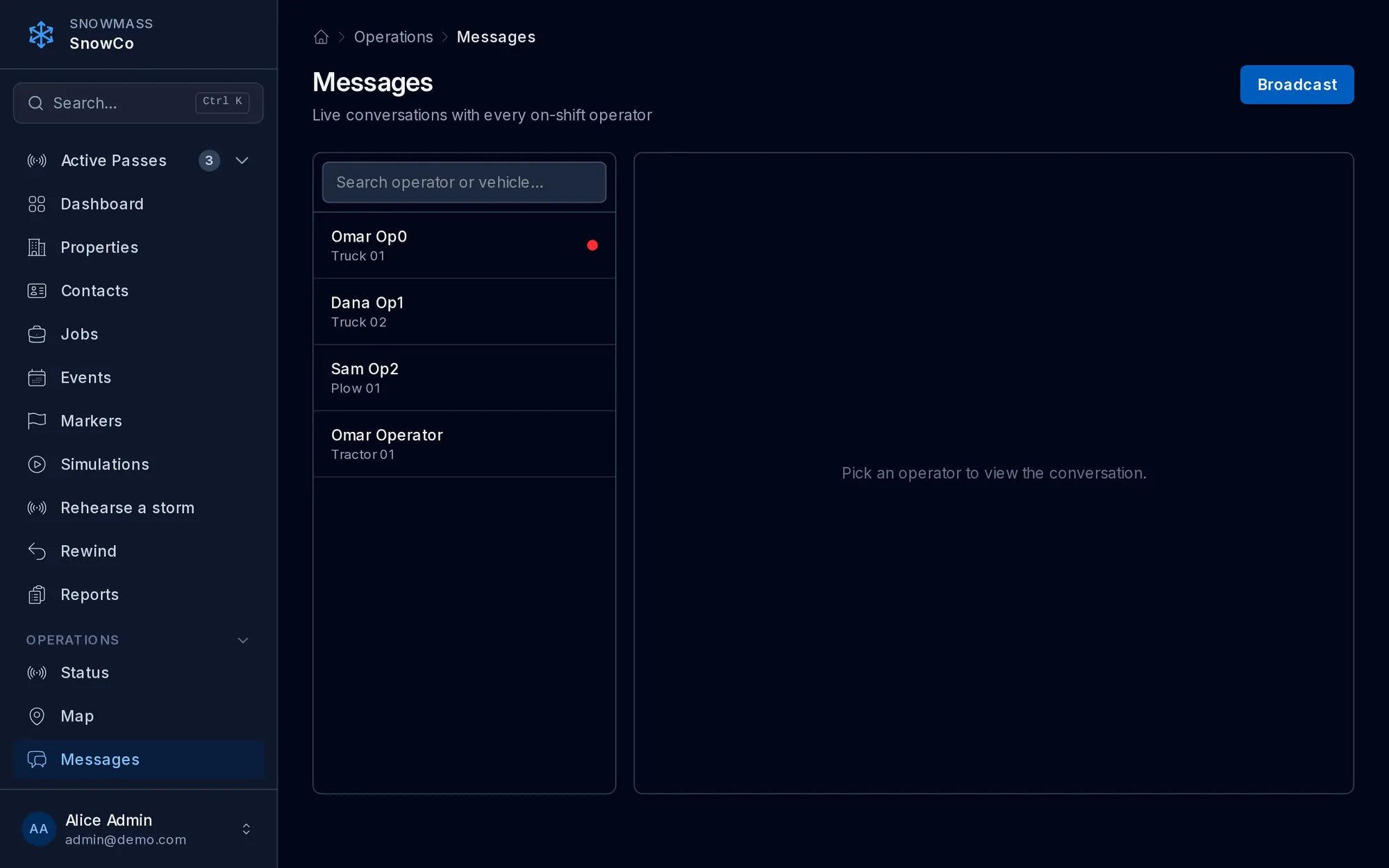 Operator messaging with live per-operator conversations