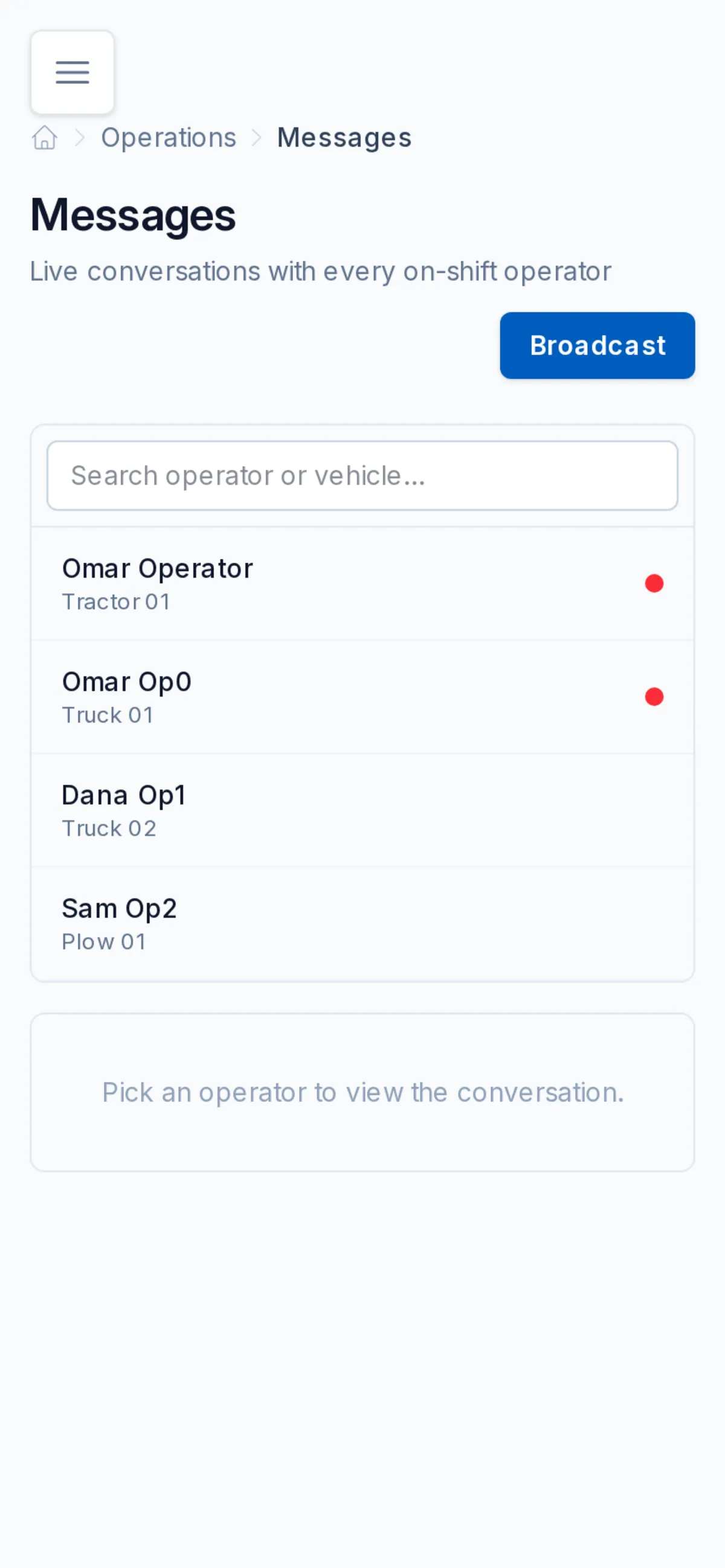 Operator messaging with live per-operator conversations