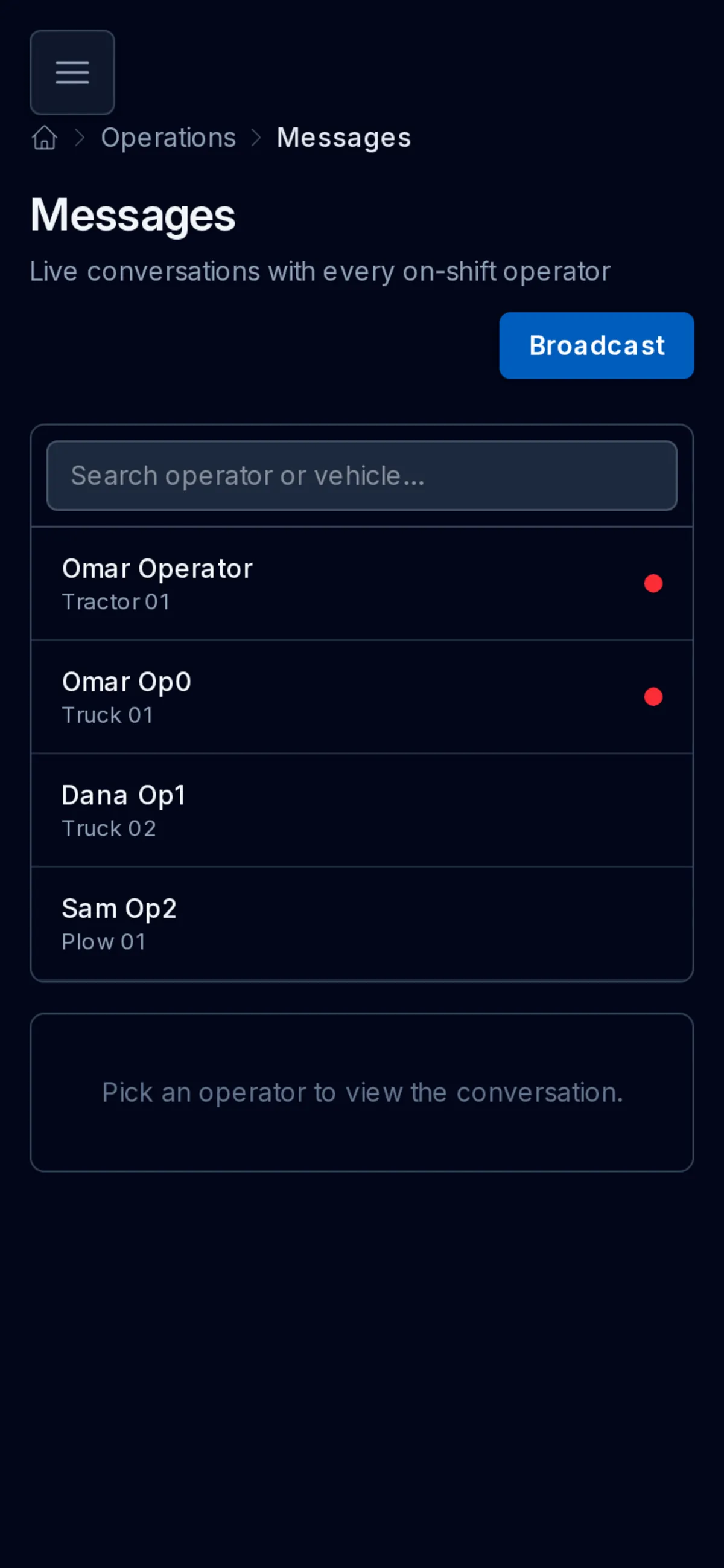 Operator messaging with live per-operator conversations