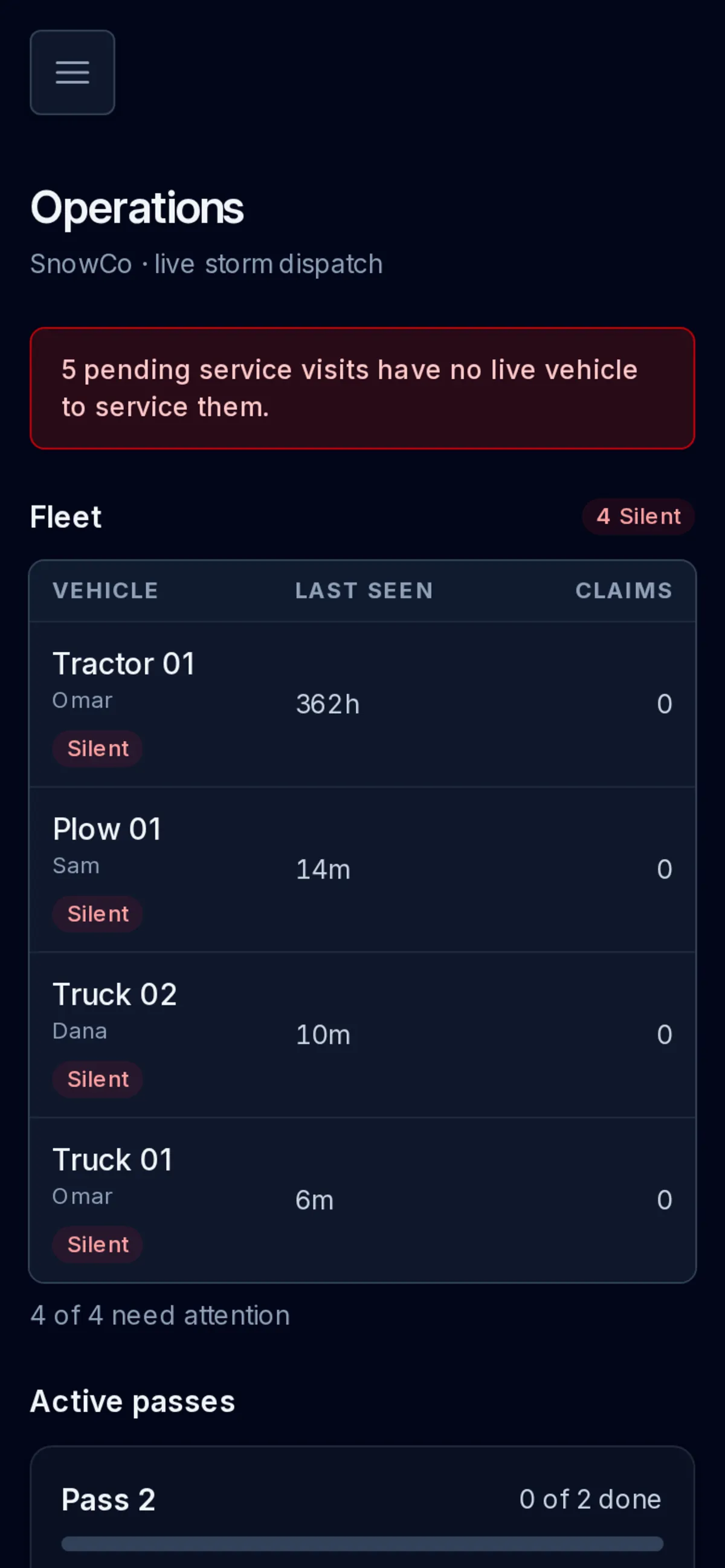 Operations command dashboard with per-machine liveness