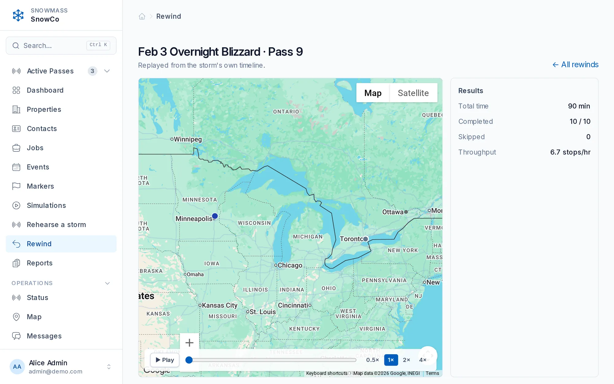 The Snowmass Rewind screen replaying a completed storm on a map, with a results panel and a playback scrubber
