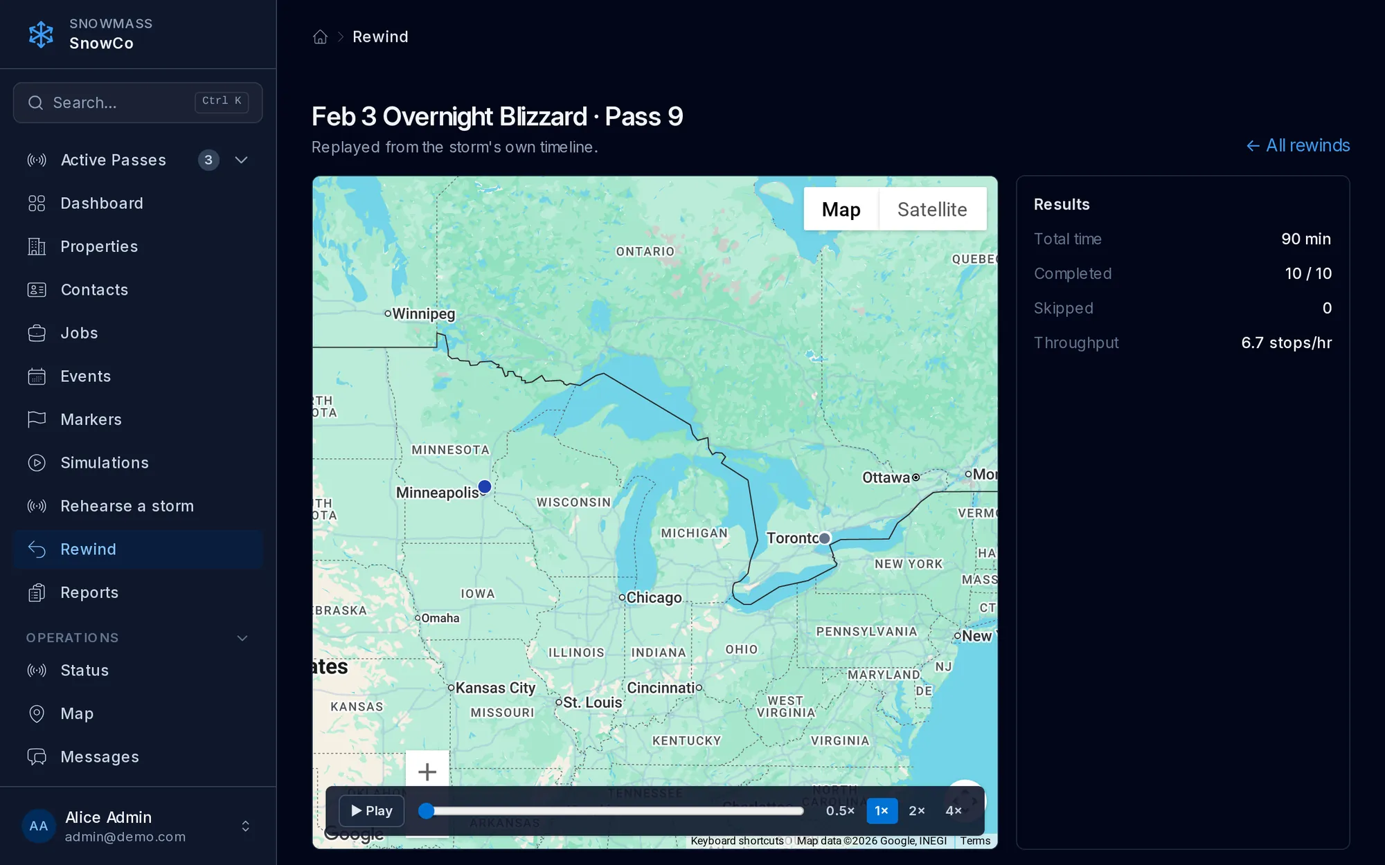 The Snowmass Rewind screen replaying a completed storm on a map, with a results panel and a playback scrubber