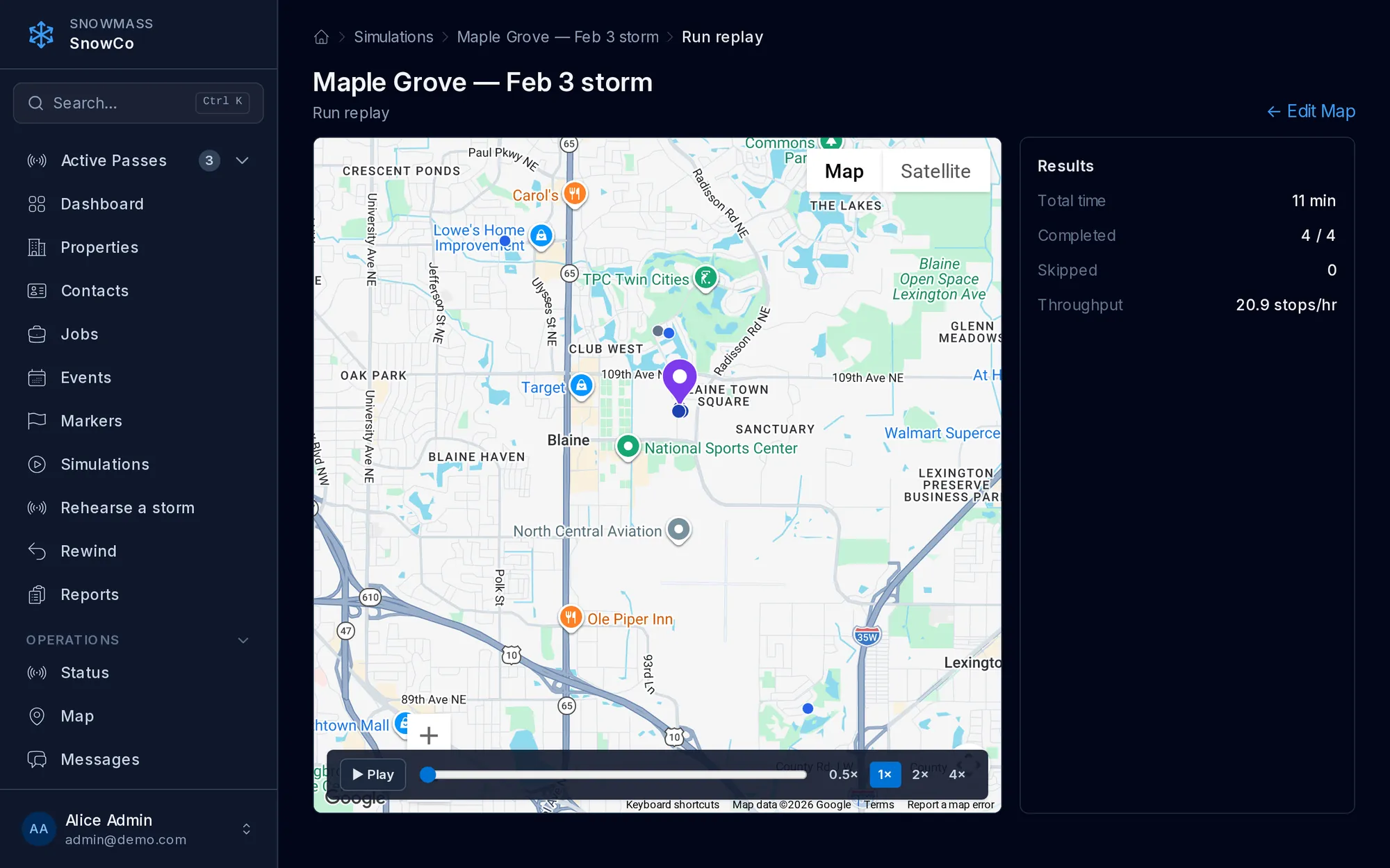 Storm simulation replay with route map, playback scrubber, and throughput results
