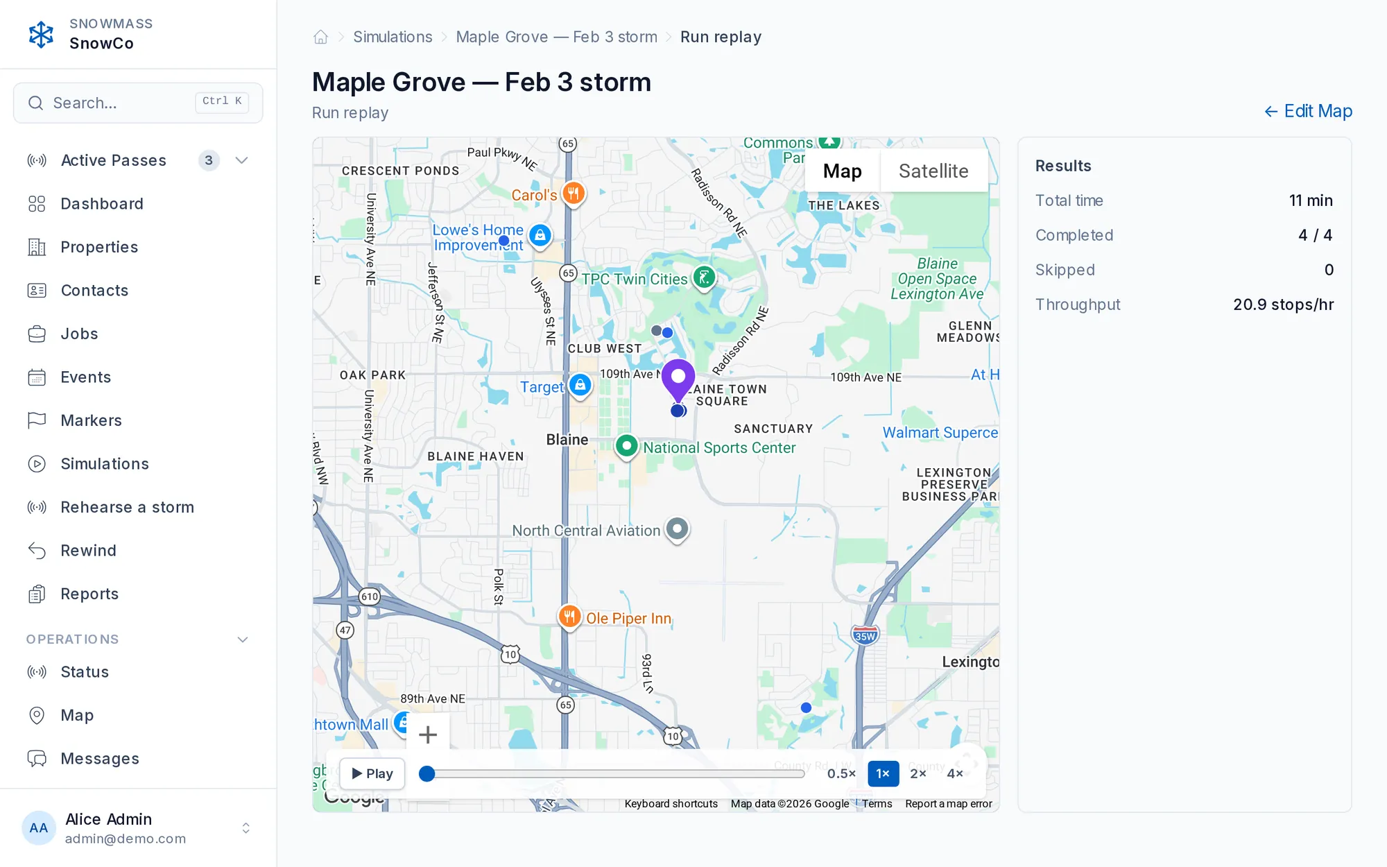 Storm simulation replay with route map, playback scrubber, and throughput results